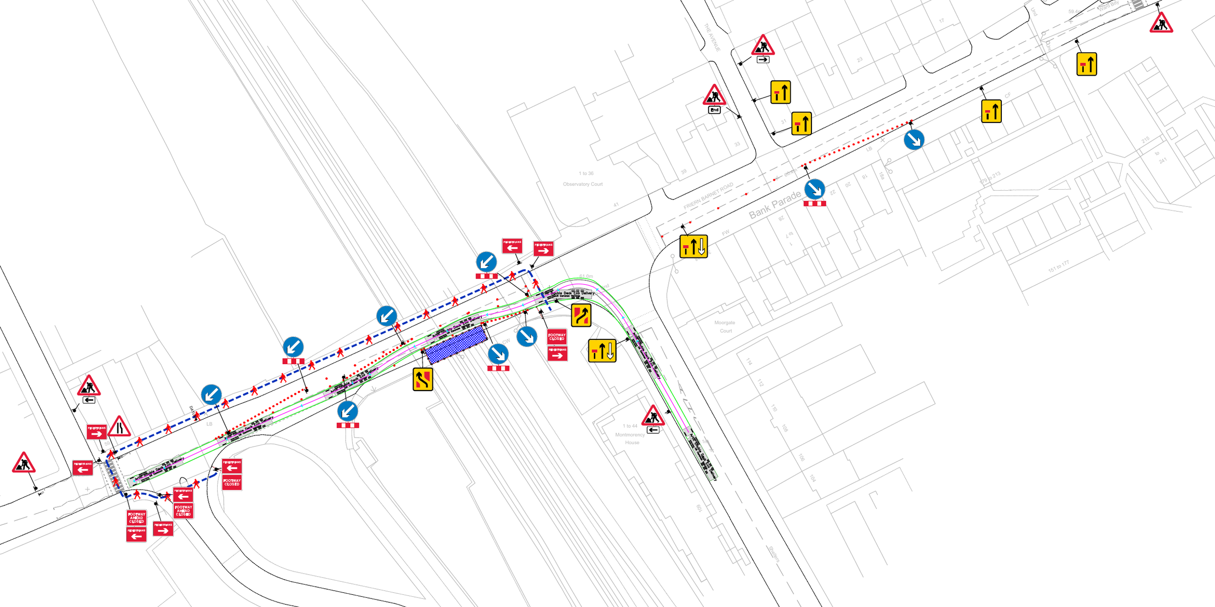 Cropped temporary traffic management layout showing the designed work area, road markings and traffic signs